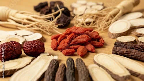 Close-up of Chinese medicinal materials such as wolfberry and red dates