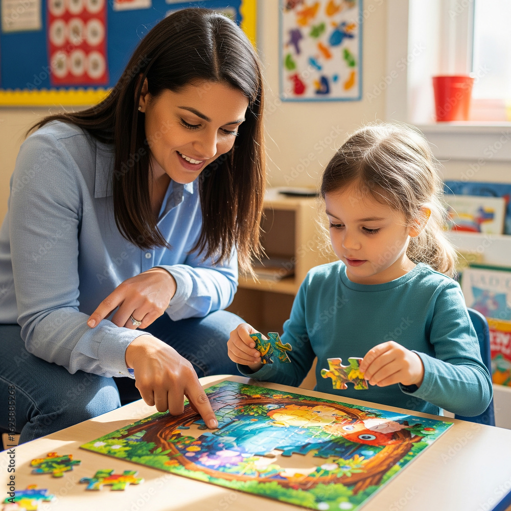 Fototapeta premium mother and son playing with puzzle. Teacher helping a child solve a colorful puzzle.