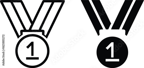 Number One Medal Icon Set, First Place Award Vector Outline Silhouette Illustration