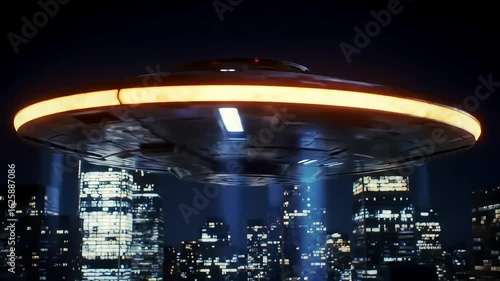 UFO Sighting Flying Saucer Over City at Night - Unexplained Phenomenon