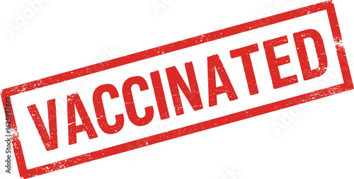Red rectangular stamp with the word vaccinated in bold red letters isolated on transparent background