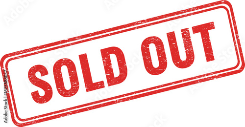 Distressed red and white rectangular stamp or sign with the words sold out in bold red letters isolated on transparent background