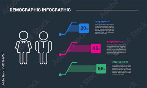 Demographic concept infographic process diagram with round square with transparent bar percentage and skew line with dark background bright outline style