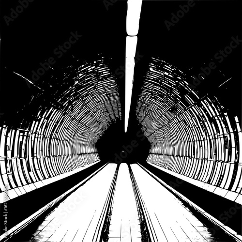 Vector silhouette of underground metro tunnel with curved walls