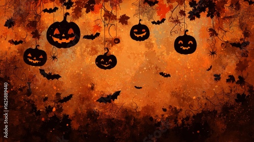 Halloween background with glowing jack-o'-lanterns, orange gradient backdrop, flying bats, autumn leaves, spider webs and curling vines, decorative silhouette elements, spooky and festive design