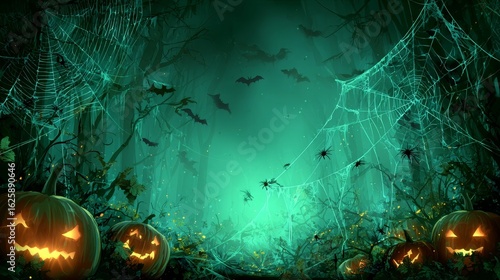 Halloween background with glowing jack-o'-lanterns, eerie green gradient backdrop, bats flying, swirling vines, dead leaves and spider webs, creepy Halloween forest style