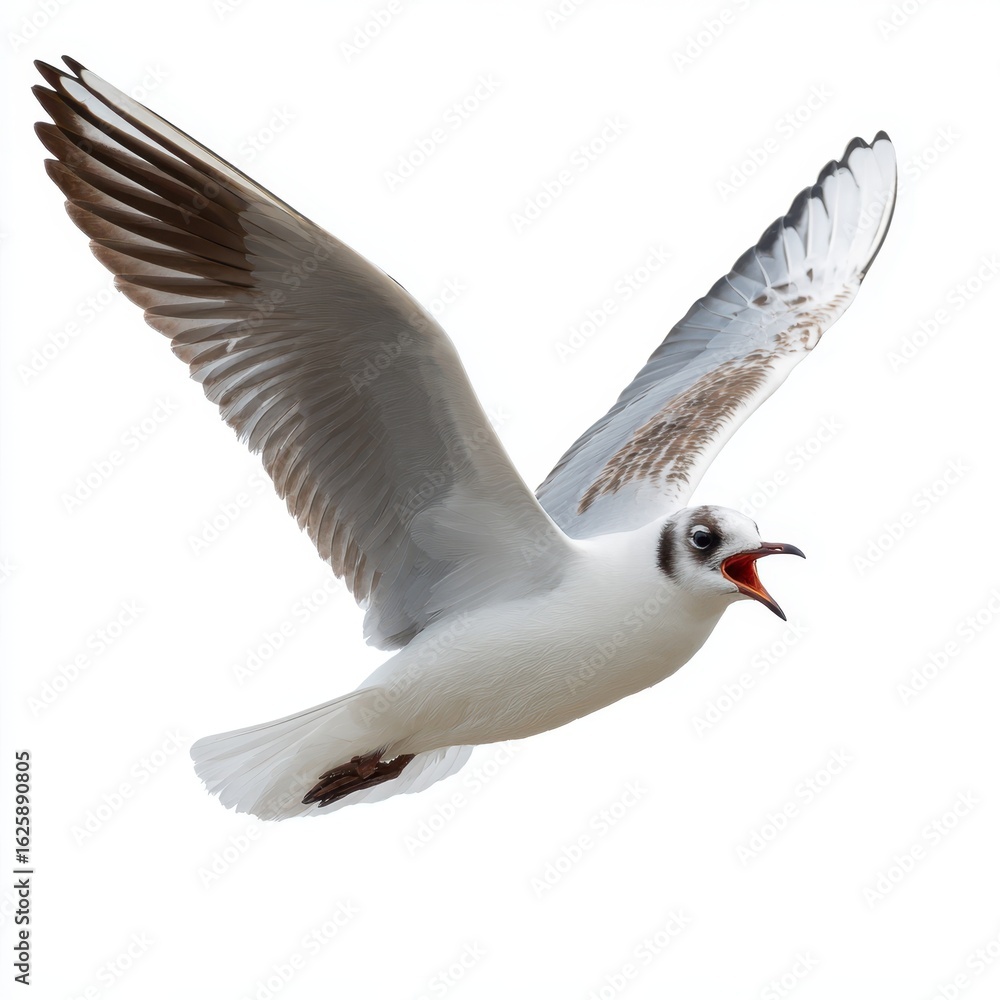 Fototapeta premium Seagull in mid flight with wings spread isolated on white background