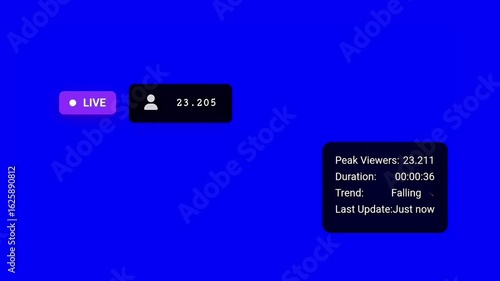 Broadcasting interface showing live audience count and engagement statistics. Perfect for streaming services, online events, webinars, and digital marketing campaigns.