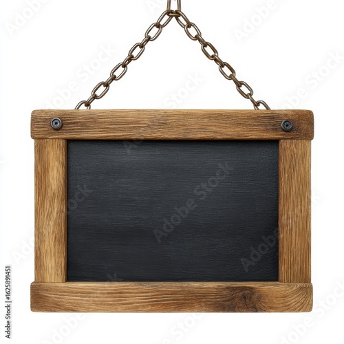 Rustic wooden framed chalkboard hanging by chains isolated on white background