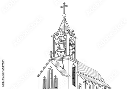 Elegant church steeple with bells and crosses, a timeless symbol of faith and community