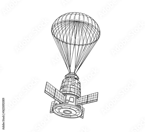 Spacecraft descent with parachute deployed, symbolizing exploration and technological advancement.