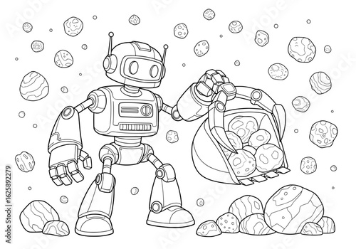 Friendly robot collecting space rocks in a playful asteroid field adventure