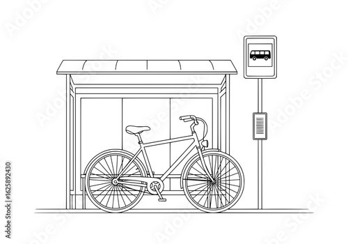 Classic bicycle parked at a minimalist bus stop shelter with route signage