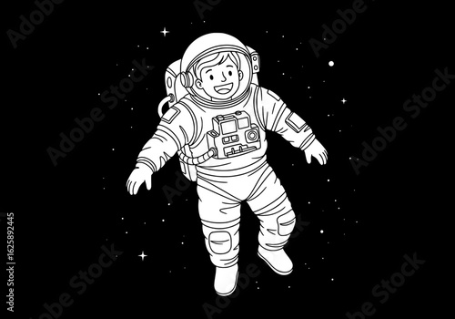 Joyful astronaut floats through starry cosmos in a whimsical outline style