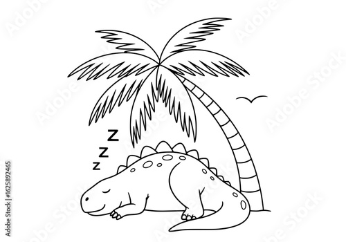 Adorable dinosaur naps peacefully under a palm tree, a charming scene for kids' books and designs.
