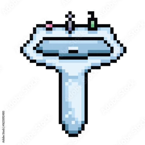 Hand washing basin with soap bar and pump bottle pixel 8 bit game decoration colorful illustration isolated on square white background.