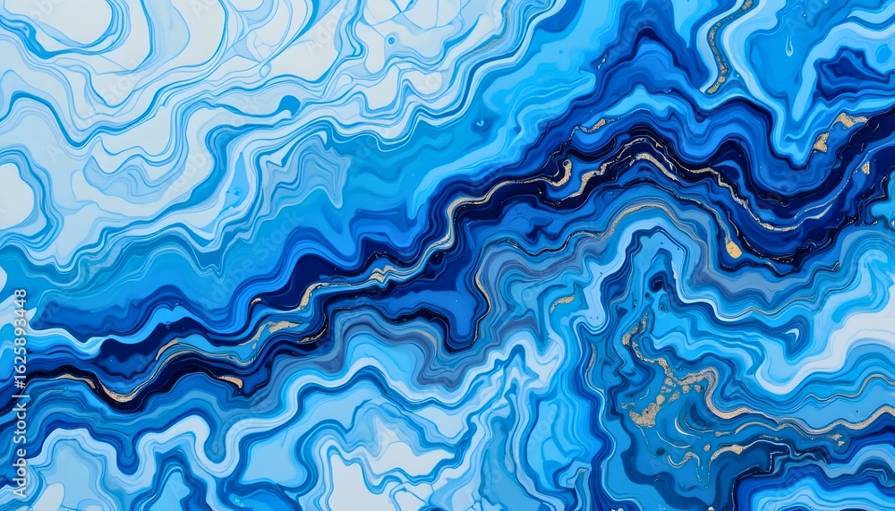 Fototapeta premium Abstract Marble-Inspired Pattern Featuring Swirling Blue Tones and Scattered Golden Accents Resembling Agate or Mineral Texture for Elegant Atmospheric Visual Design