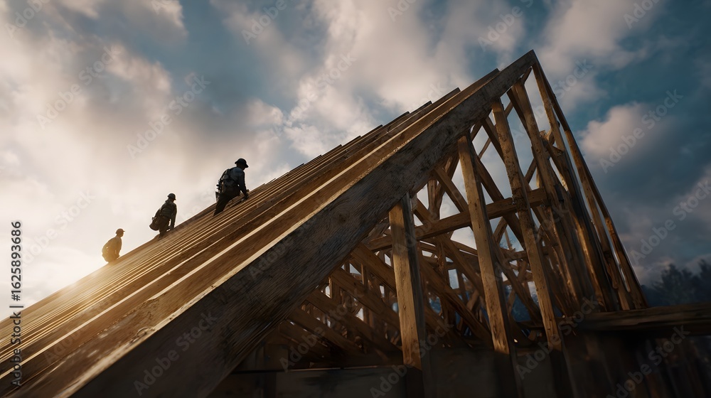 Fototapeta premium Workers installing roof trusses on a construction site