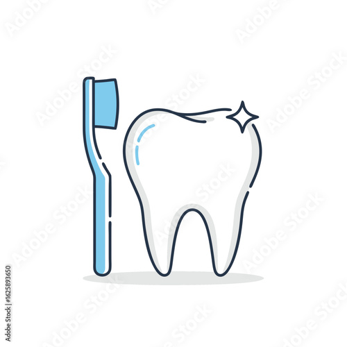 Dental care icon with a blue toothbrush and a healthy sparkling white molar tooth.
