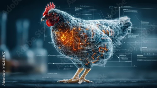A chicken with transparent skin shows glowing digital circuits representing advanced bioengineering in poultry farming footage.