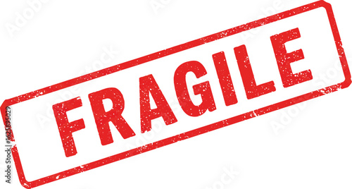 Red fragile stamp graphic with bold letters indicating care needed for shipping and handling isolated on transparent background
