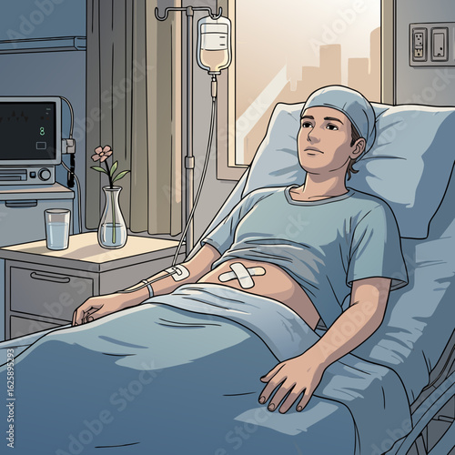 Young patient with a bandaged abdomen and IV drip resting in a hospital bed graphic illustration style.