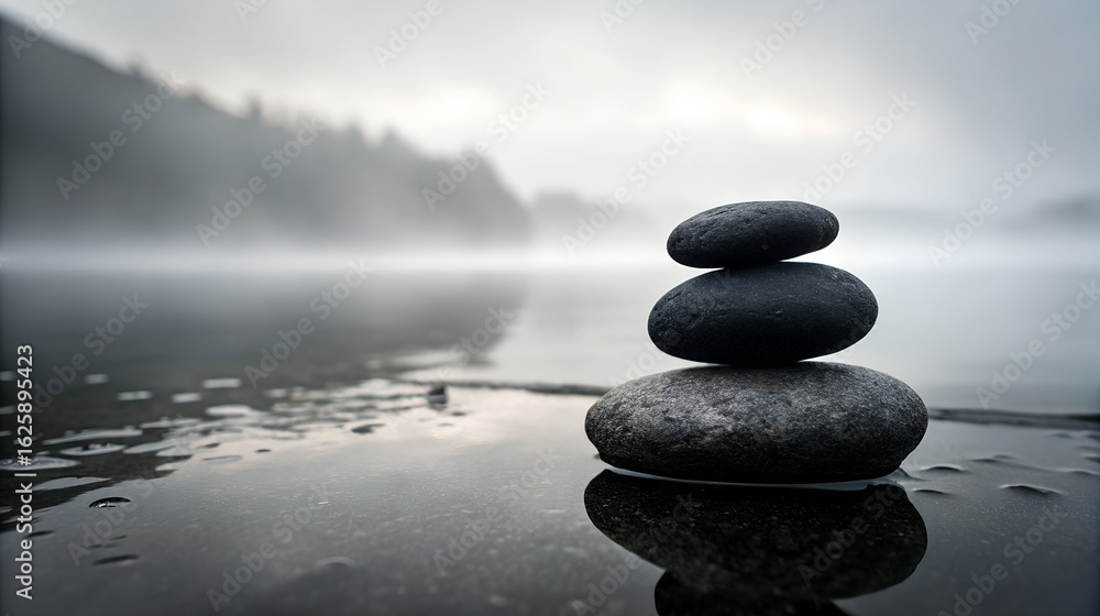 Zen balanced stones on a misty lake shore with forest background Zen balanced stones on a misty lake shore with forest background