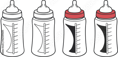 Four baby bottles with red caps and black fill feeding