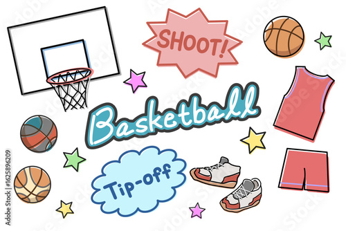 カラフルなバスケットボールの手書き風セットイラスト