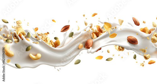 Delicious granola clusters with nuts and seeds in milk splash isolated on a transparent background