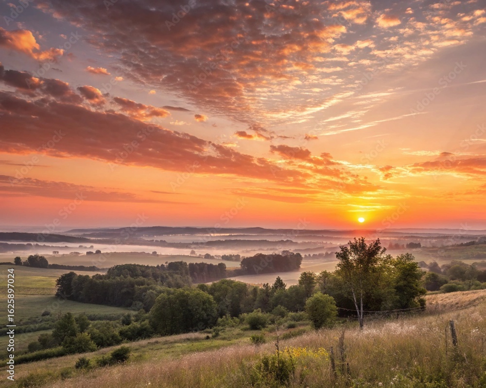 Obraz premium Illustration of beautiful sunrise over the field in the countryside in the morning