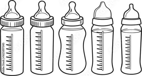 Five baby bottles with measurement markings feeding