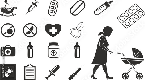 Medical And Baby Care Icons On White Background health