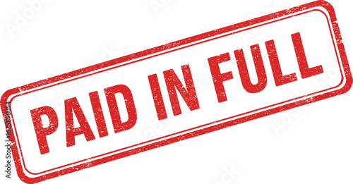 Red and white rectangular stamp with the words paid in full in bold red letters isolated on transparent background