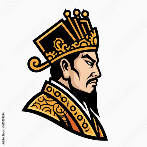 Majestic mascot emblem featuring a stylized Asian warrior, distinguished by intricate details and strong visual impact. Mascot emblem showcases traditional attire and formidable expression,