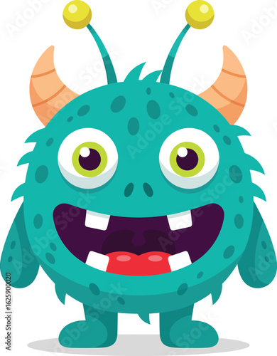 Adorable cartoon monster with a toothy grin and horns, perfect for kids' designs and playful themes