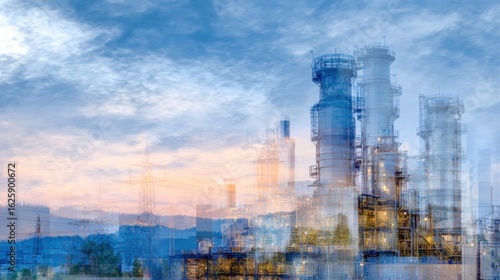 Industrial Skyline with Cloudy Sky: A dynamic view of towering industrial structures, captured in a vibrant blend with a dramatic sky, suggesting industry and energy.