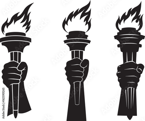 Three black silhouettes of hands holding flaming torches