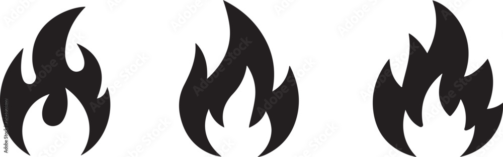 Three stylized black flame icons on a white background Three stylized black flame icons on a white background