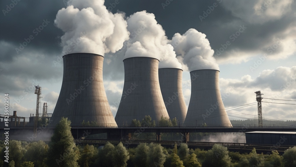 Nuclear Power Plant Cooling Towers Releasing Steam into a Cloudy Sky Nuclear Power Plant Cooling Towers Releasing Steam into a Cloudy Sky