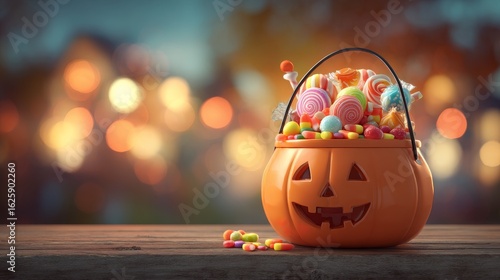 halloween pumpkin bucket filled with colorful candy, candy corn, jelly beans, lollipops and sweets, placed on wooden table, bokeh lights in the background