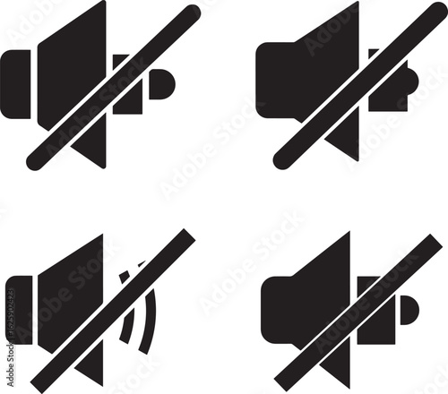 Four black speaker icons with diagonal lines indicating no sound silhouette