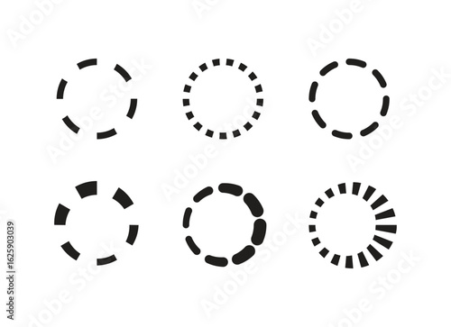 Vector set of loading circle spinners with dotted patterns, suitable for web design and progress indicators.