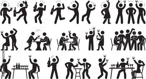 Collection of stick figures celebrating with drinks and raising glasses
