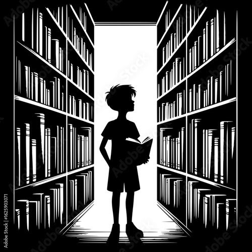 Boy in Library Aisle