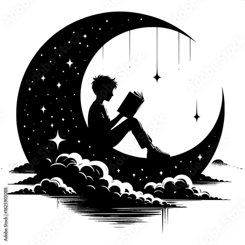 Boy Sitting on Moon Reading