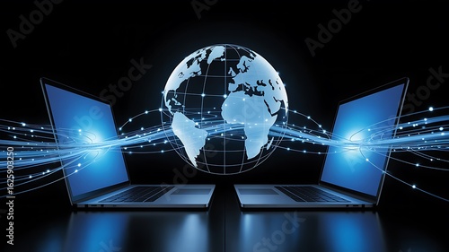 Global digital network connection between two laptops and planet earth