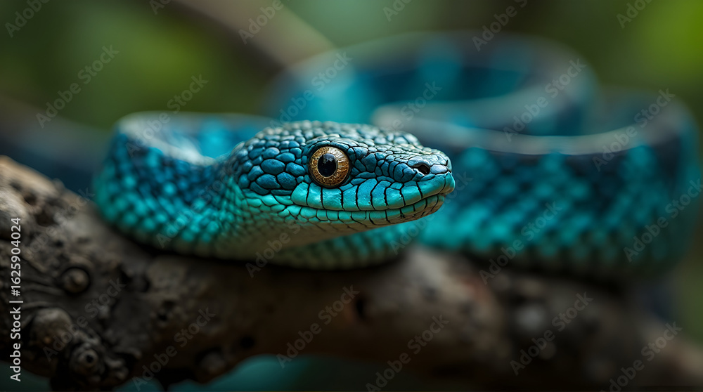 Fototapeta premium Bright Blue Serpent with Yellow Eyes Resting on Tree Branch in Natural Environment