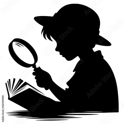 Boy Looking Through Magnifier at Book