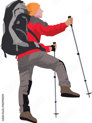 Hiker with backpack and trekking poles for adventure in mountain , travel and journey. Cartoon style vector illustration on isolated background.